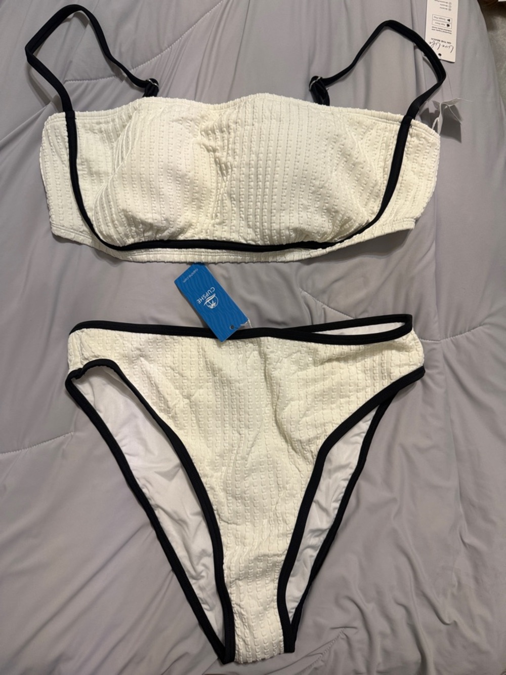 Cupshe White Textured Bandeau Bikini with Black Trim